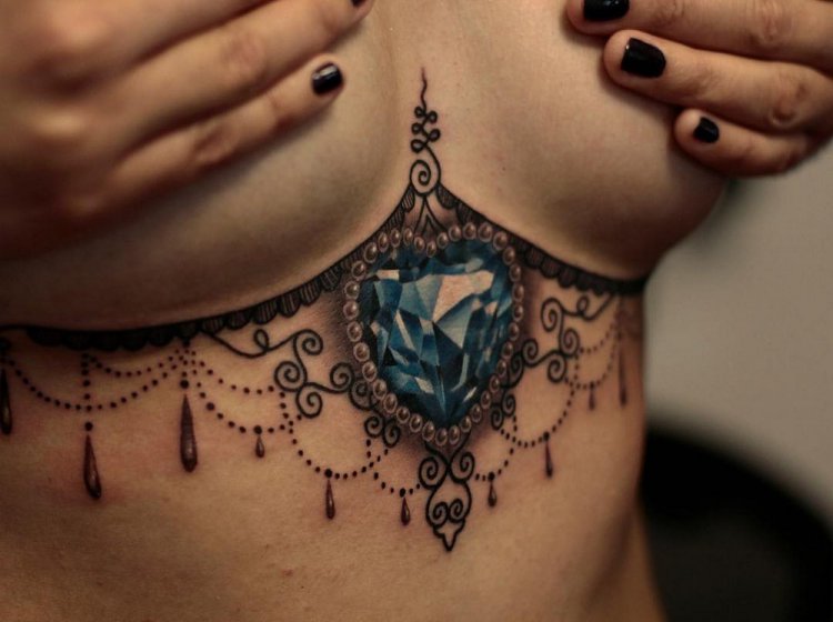 Татуировки между женской груди