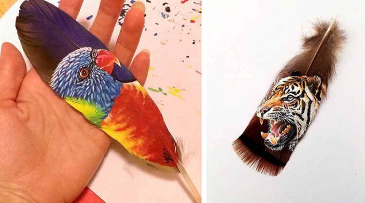 Реалистичные портреты животных на перьях птиц